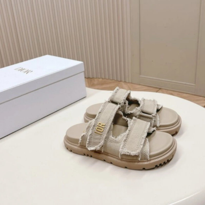 31decf0787db5b0979405e509efaabd4 European and American letter thick soled slippers 2024 summer sheepskin super top new Velcro flat shoes color series-comes with gift box - Image 1