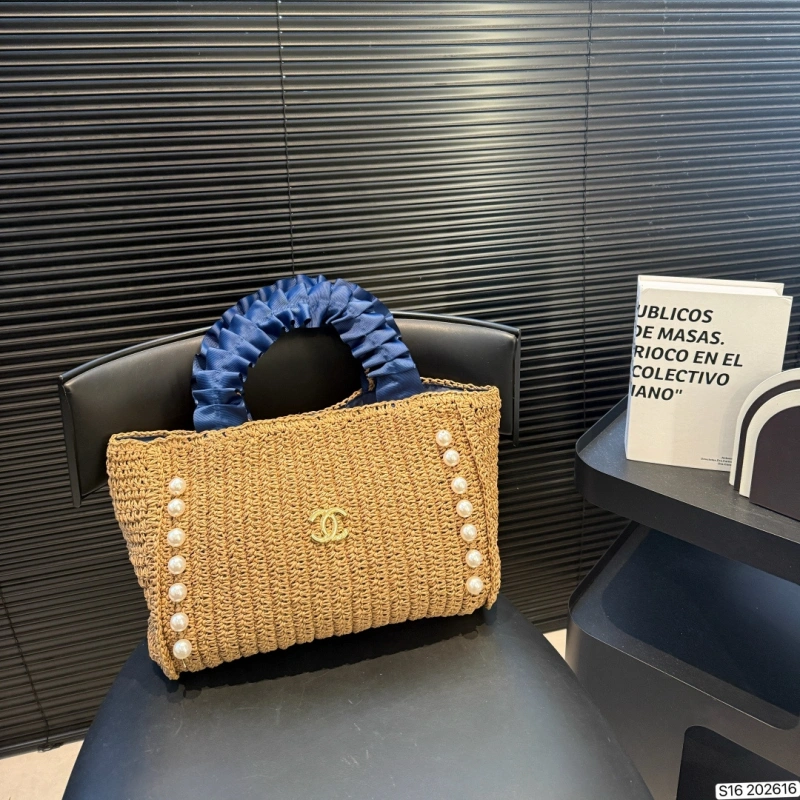 13421746447958000 Navy Pleated Straw Tote with Pearl Accents-no box - Image 1