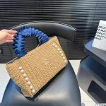 Navy Pleated Straw Tote with Pearl Accents-no box - Image 4