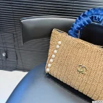 Navy Pleated Straw Tote with Pearl Accents-no box - Image 2