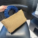 Navy Pleated Straw Tote with Pearl Accents-no box - Image 9