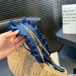 Navy Pleated Straw Tote with Pearl Accents-no box - Image 7