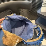 Navy Pleated Straw Tote with Pearl Accents-no box - Image 6