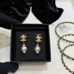 Small Pave Double C Pearl Drop Earrings-box - Image 11