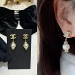 Small Pave Double C Pearl Drop Earrings-box - Image 5