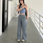 Summer New Arrival Woven High Waist Quick-Dry Loose Wide Leg Pants with Drapey Straight Fit, Elastic Waist Sports Pants - Image 9