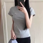 Women's Slim Fit Crew Neck Sports Short Sleeve 100% Cotton T-Shirt with 3D Logo, Heavyweight Ready to Ship-no box - Image 3
