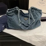 Denim Chain Bag in Washed Blue Distressed Denim-no box