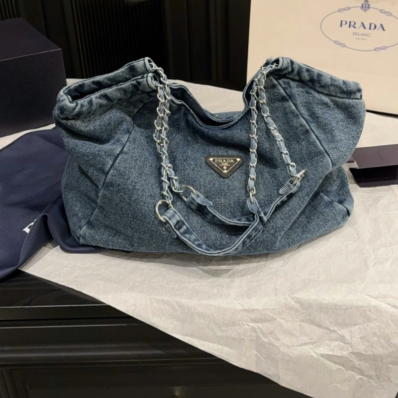 13426928953484400 Denim Chain Bag in Washed Blue Distressed Denim-no box - Image 1