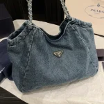 Denim Chain Bag in Washed Blue Distressed Denim-no box - Image 10