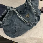 Denim Chain Bag in Washed Blue Distressed Denim-no box - Image 9