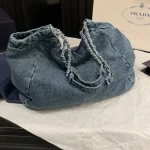 Denim Chain Bag in Washed Blue Distressed Denim-no box - Image 6