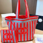 Tote bag style with red and blue contrast stripes, front embroidery, and red leather top handles-no box - Image 2