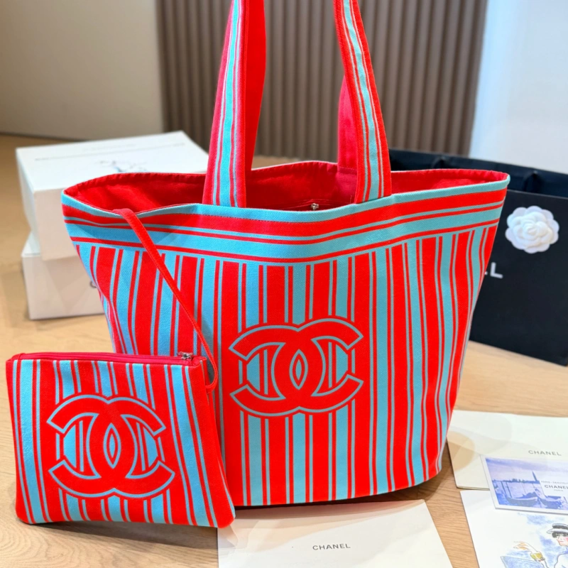 13427363051319000 Tote bag style with red and blue contrast stripes, front embroidery, and red leather top handles-no box - Image 1