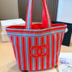 Tote bag style with red and blue contrast stripes, front embroidery, and red leather top handles-no box - Image 10