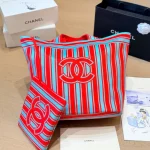 Tote bag style with red and blue contrast stripes, front embroidery, and red leather top handles-no box - Image 9