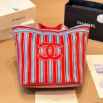 Tote bag style with red and blue contrast stripes, front embroidery, and red leather top handles-no box - Image 8