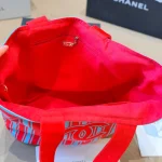 Tote bag style with red and blue contrast stripes, front embroidery, and red leather top handles-no box - Image 3