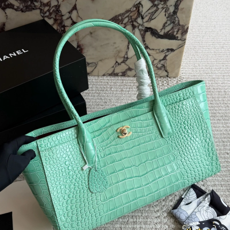 13427794934103000 Glossy crocodile-embossed leather tote, featuring a stunning vintage gold double-C lock-box - Image 1