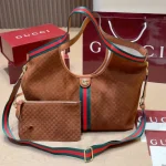 Fabric featuring the iconic green-red-green web stripe, paired with brown leather handles and a detachable shoulder strap-no box - Image 9