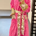 Versace Pink Embossed Logo Jacquard Bathrobe, Luxury Terry Cloth Long Sleeve Robe with Baroque Print Belt