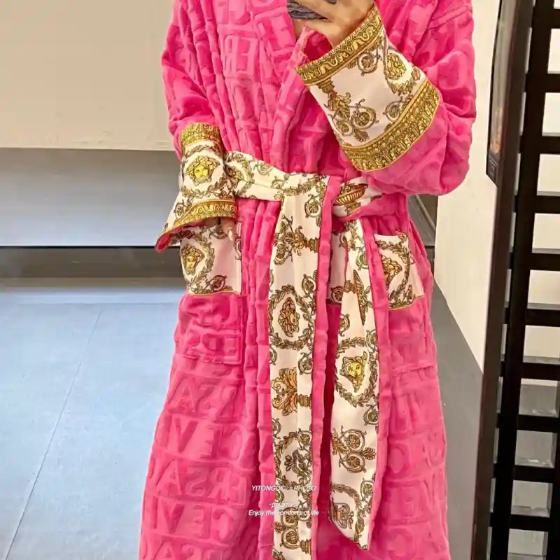 08725525 Versace Pink Embossed Logo Jacquard Bathrobe, Luxury Terry Cloth Long Sleeve Robe with Baroque Print Belt - Image 1