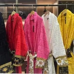 Versace Pink Embossed Logo Jacquard Bathrobe, Luxury Terry Cloth Long Sleeve Robe with Baroque Print Belt - Image 7