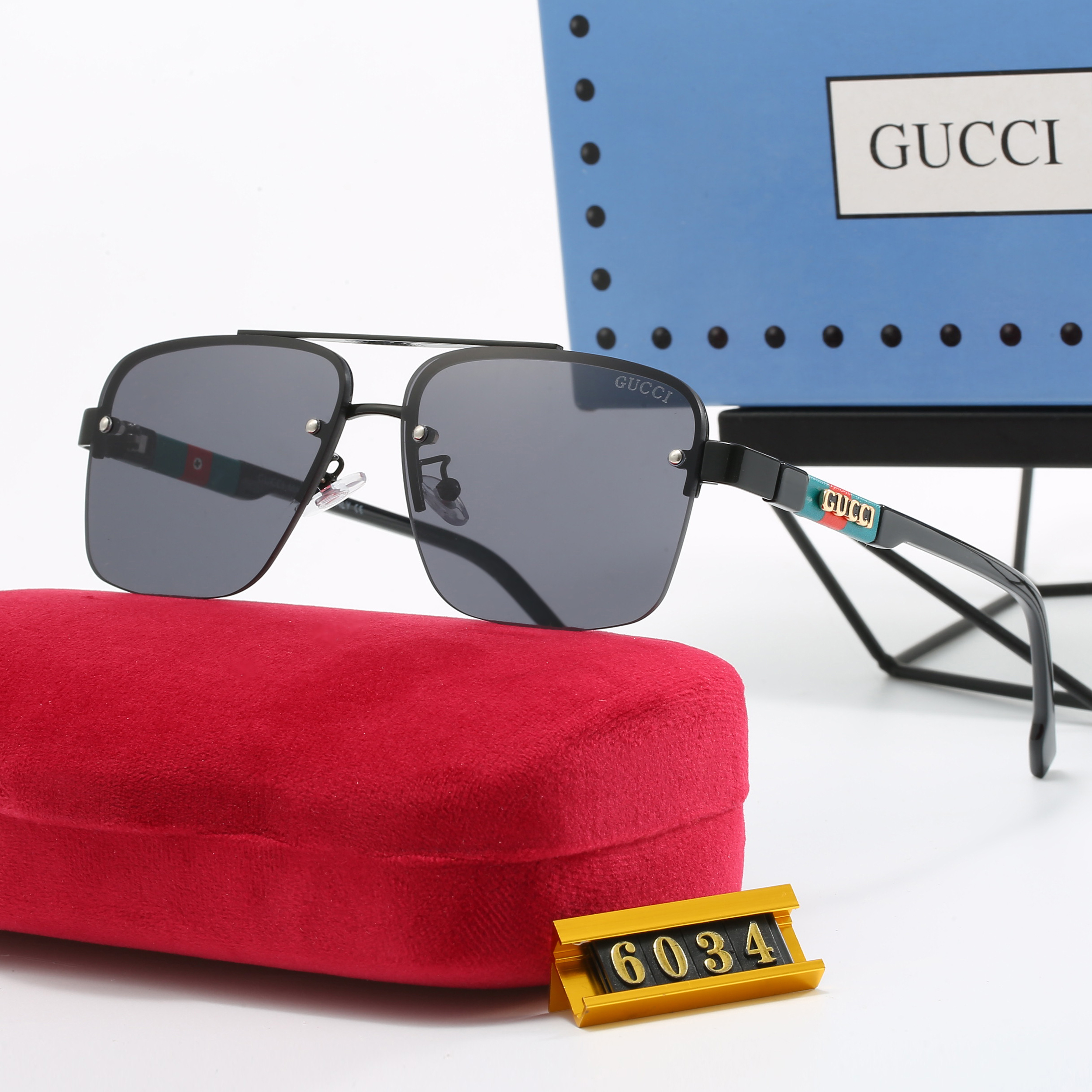 59e49faa Gucci Webbing Logo Double‑Bridge Half‑Rim Metal Frame Aviator Gradient Sunglasses - Image 1