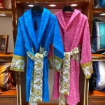 Versace Pink Embossed Logo Jacquard Bathrobe, Luxury Terry Cloth Long Sleeve Robe with Baroque Print Belt - Image 8