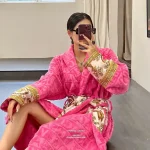 Versace Pink Embossed Logo Jacquard Bathrobe, Luxury Terry Cloth Long Sleeve Robe with Baroque Print Belt - Image 6