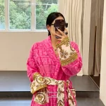 Versace Pink Embossed Logo Jacquard Bathrobe, Luxury Terry Cloth Long Sleeve Robe with Baroque Print Belt - Image 10