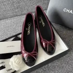 Chanel Burgundy Croc Embossed Patent & Black Bow Ballerina Flats with CC Logo