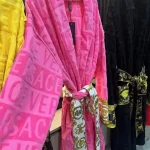Versace Pink Embossed Logo Jacquard Bathrobe, Luxury Terry Cloth Long Sleeve Robe with Baroque Print Belt - Image 4
