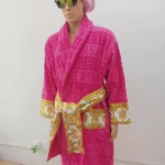 Versace Pink Embossed Logo Jacquard Bathrobe, Luxury Terry Cloth Long Sleeve Robe with Baroque Print Belt - Image 2