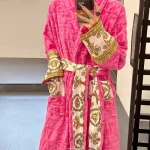Versace Pink Embossed Logo Jacquard Bathrobe, Luxury Terry Cloth Long Sleeve Robe with Baroque Print Belt - Image 3