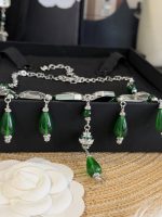 Chanel new geometric square retro grandmother's green water drop transparent sugar pendant necklace - Image 6