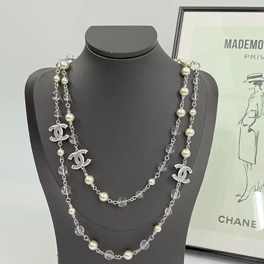 wsxc1789126050055_2 Chanel Bestselling Long Sweater Chain with White Enamel CC, Sequins, Crystal Beads, Silver-Tone Pearl - Image 1