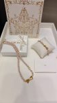 Dior 26SS New Brushed Gold Bow CD Pink Pearl Necklace / Bracelet