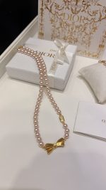 Dior 26SS New Brushed Gold Bow CD Pink Pearl Necklace / Bracelet - Image 8