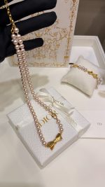 Dior 26SS New Brushed Gold Bow CD Pink Pearl Necklace / Bracelet - Image 9