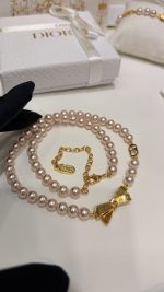 Dior 26SS New Brushed Gold Bow CD Pink Pearl Necklace / Bracelet - Image 2