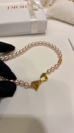 Dior 26SS New Brushed Gold Bow CD Pink Pearl Necklace / Bracelet - Image 3