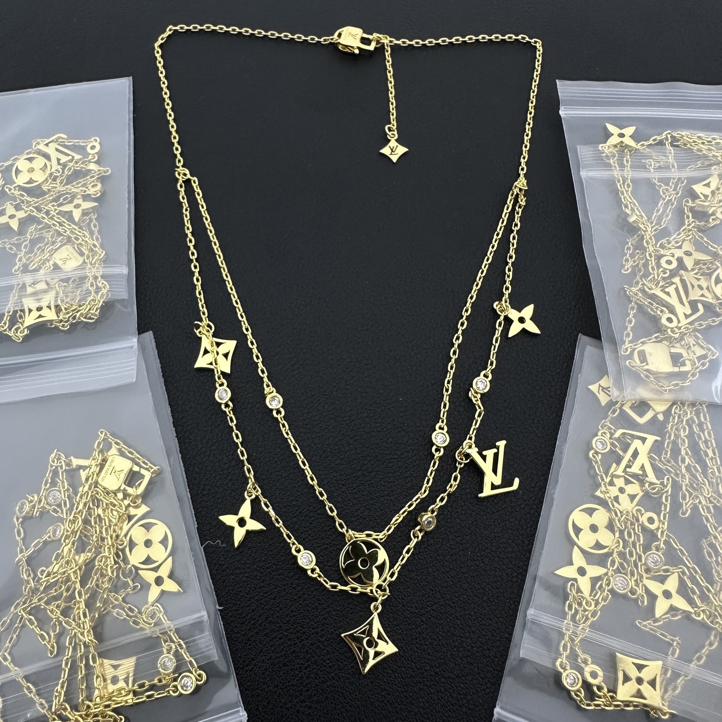 wsxc1789140710086_0 LV Volt Double Layer Monogram Flower & LV Letter Pendant Necklace with Crystals - Image 1