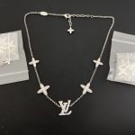 LV Letter Monogram Flower Pendant Necklace,Silver Tone