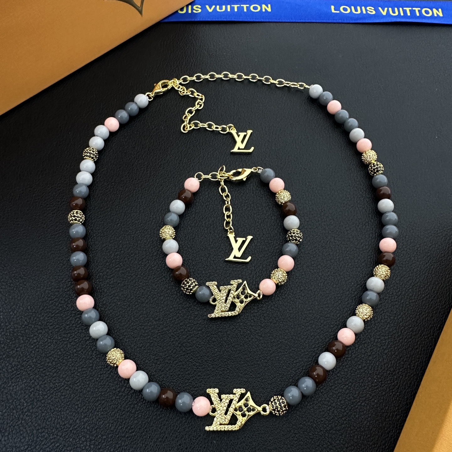 wsxc1789207541442_0 LV Crown Rhinestone Pendant with Colorful Beads Necklace/Bracelet - Image 1