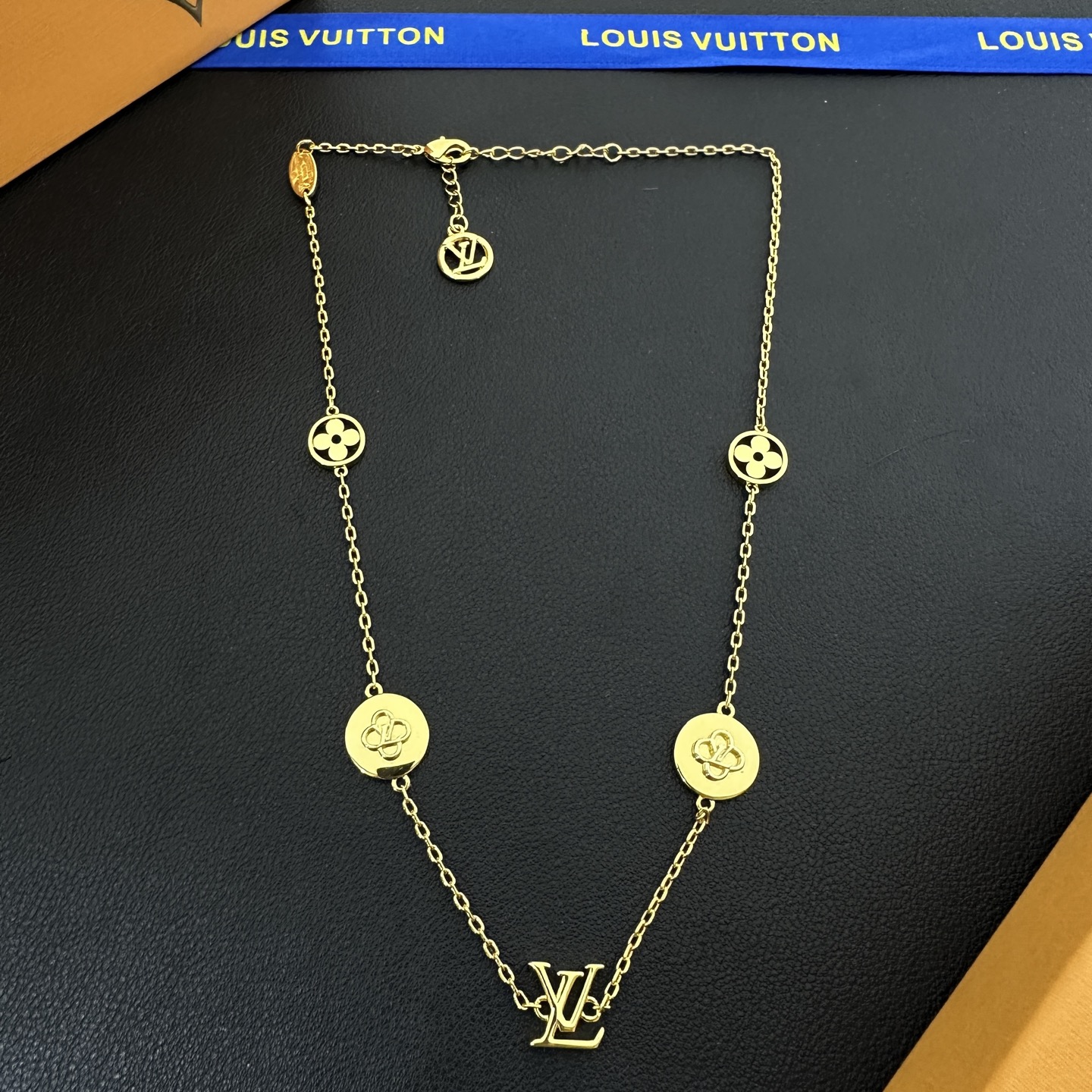 wsxc1789209323264_1 LV Gold Tone Letter & Monogram Flower Charm Pendant Necklace - Image 1