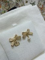 Dior Gold Tone Rhinestone Bow & Pearl Asymmetric Drop Earrings - CD Letter Charm - Image 6