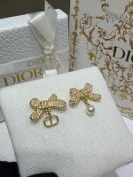 Dior Gold Tone Rhinestone Bow & Pearl Asymmetric Drop Earrings - CD Letter Charm - Image 5