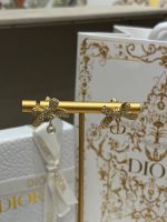 Dior Gold Tone Rhinestone Bow & Pearl Asymmetric Drop Earrings - CD Letter Charm - Image 4