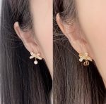 Dior Gold Tone Rhinestone Bow & Pearl Asymmetric Drop Earrings - CD Letter Charm - Image 7